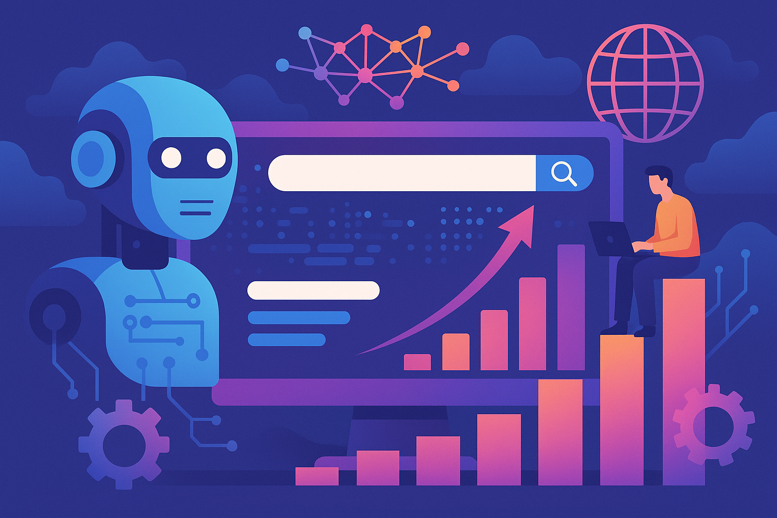 Futuristic SEO tools and analytics dashboard