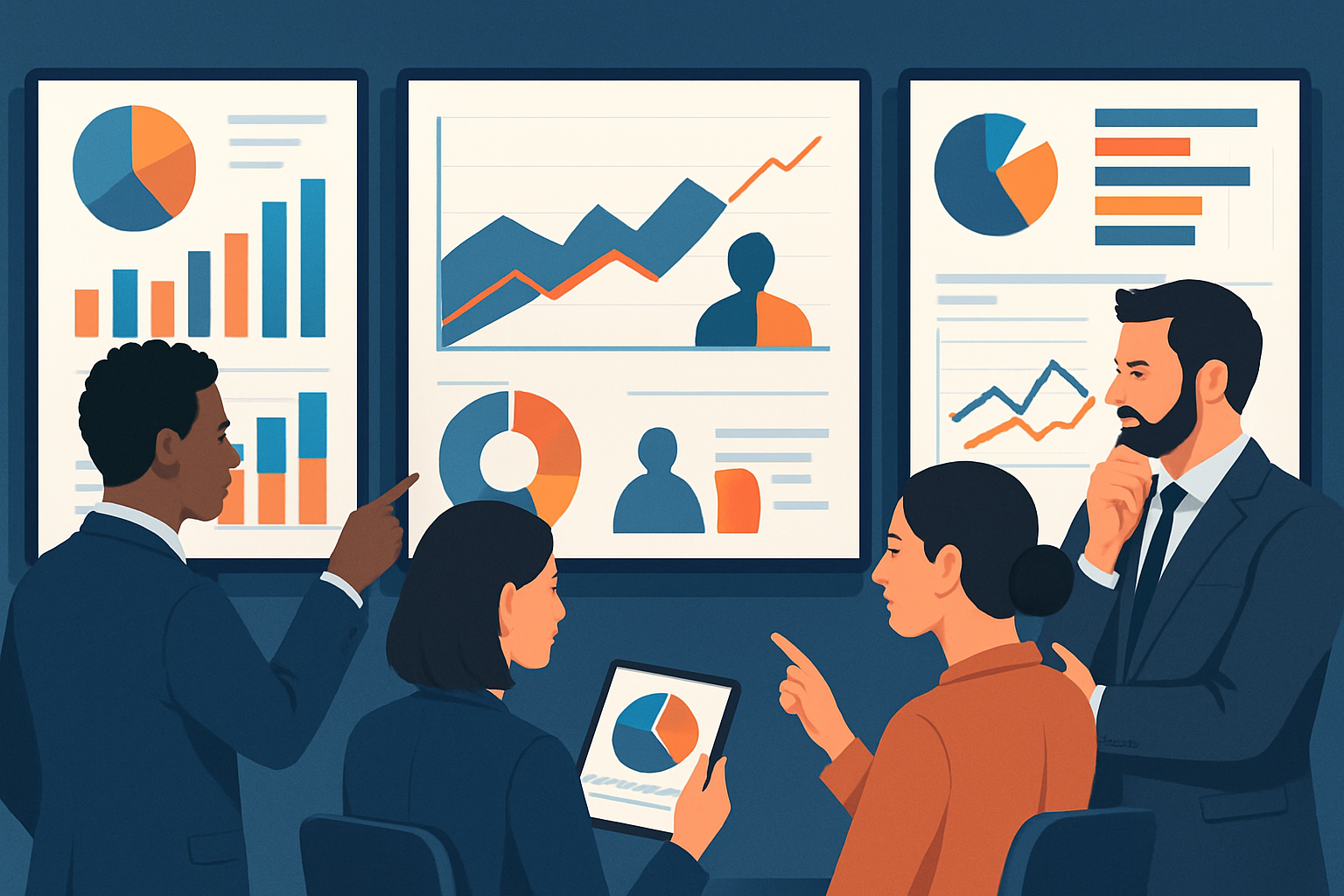 Business team strategizing with data insights