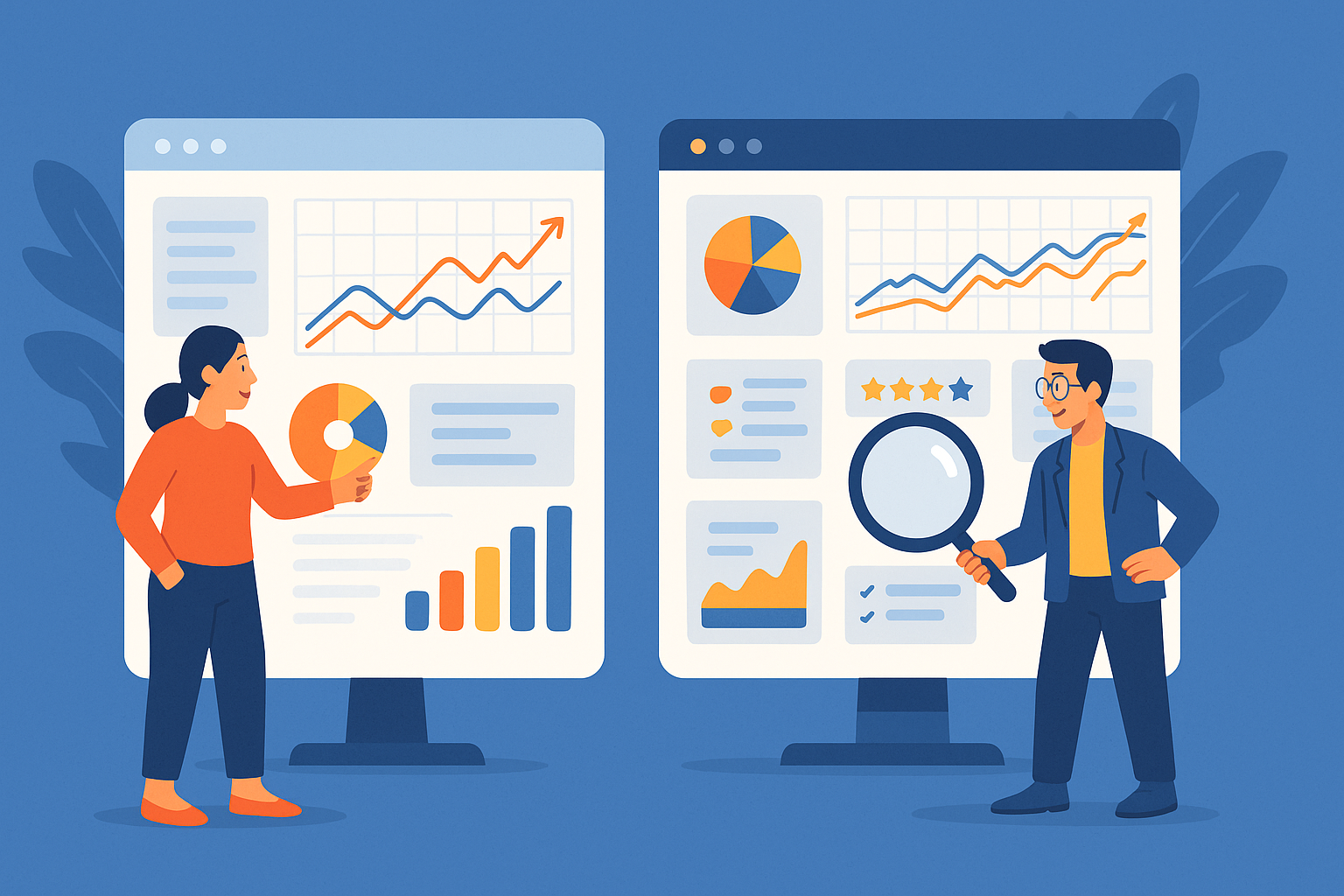 Marketers analyzing SEO tool dashboards