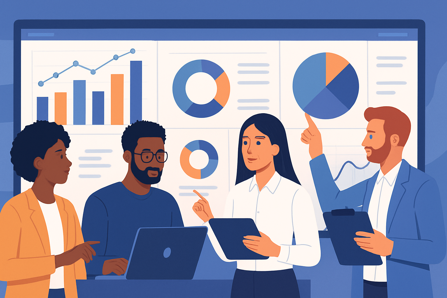 Diverse professionals engage with dynamic analytics