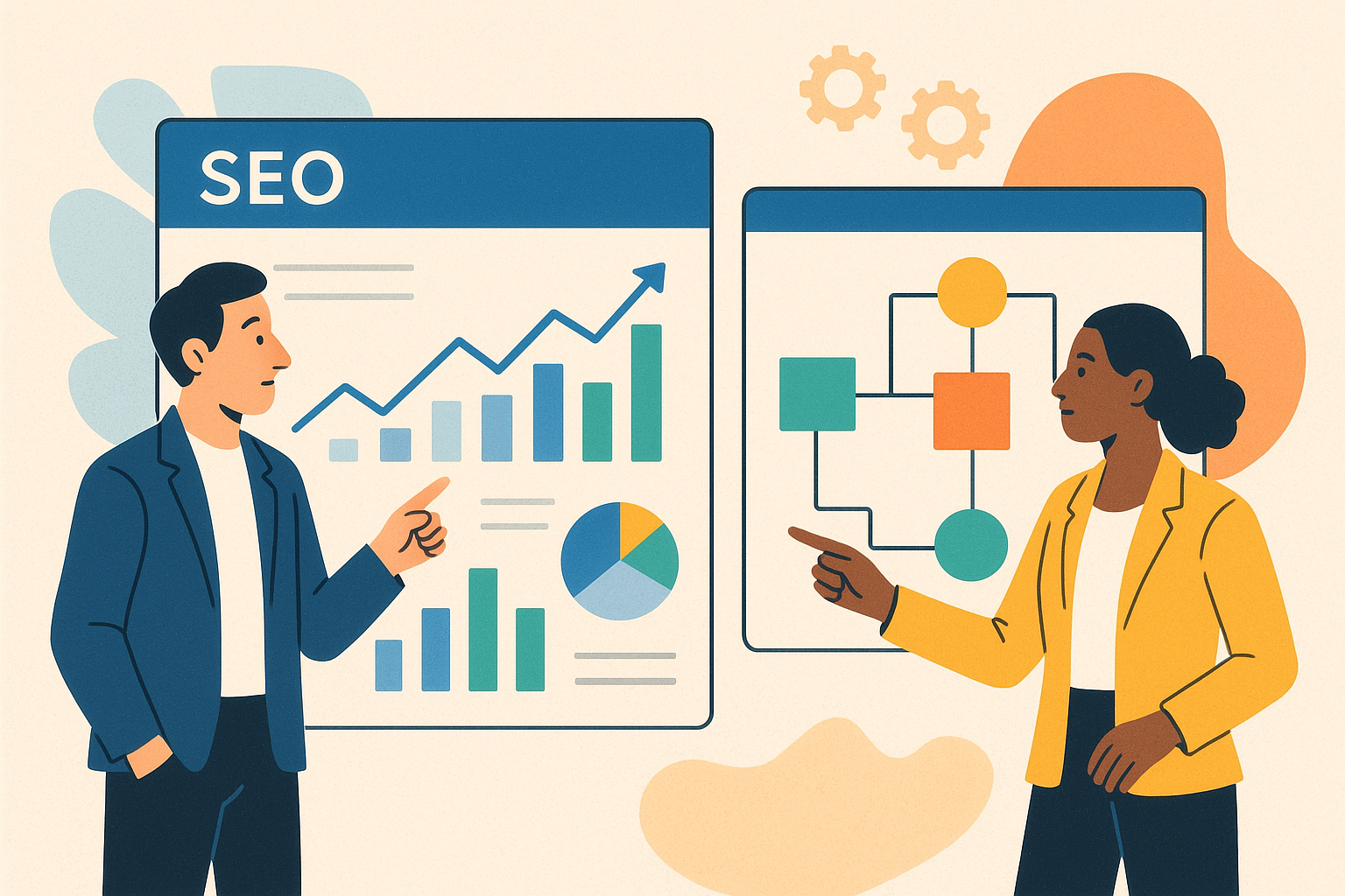 Marketers analyzing SEO tools and strategies