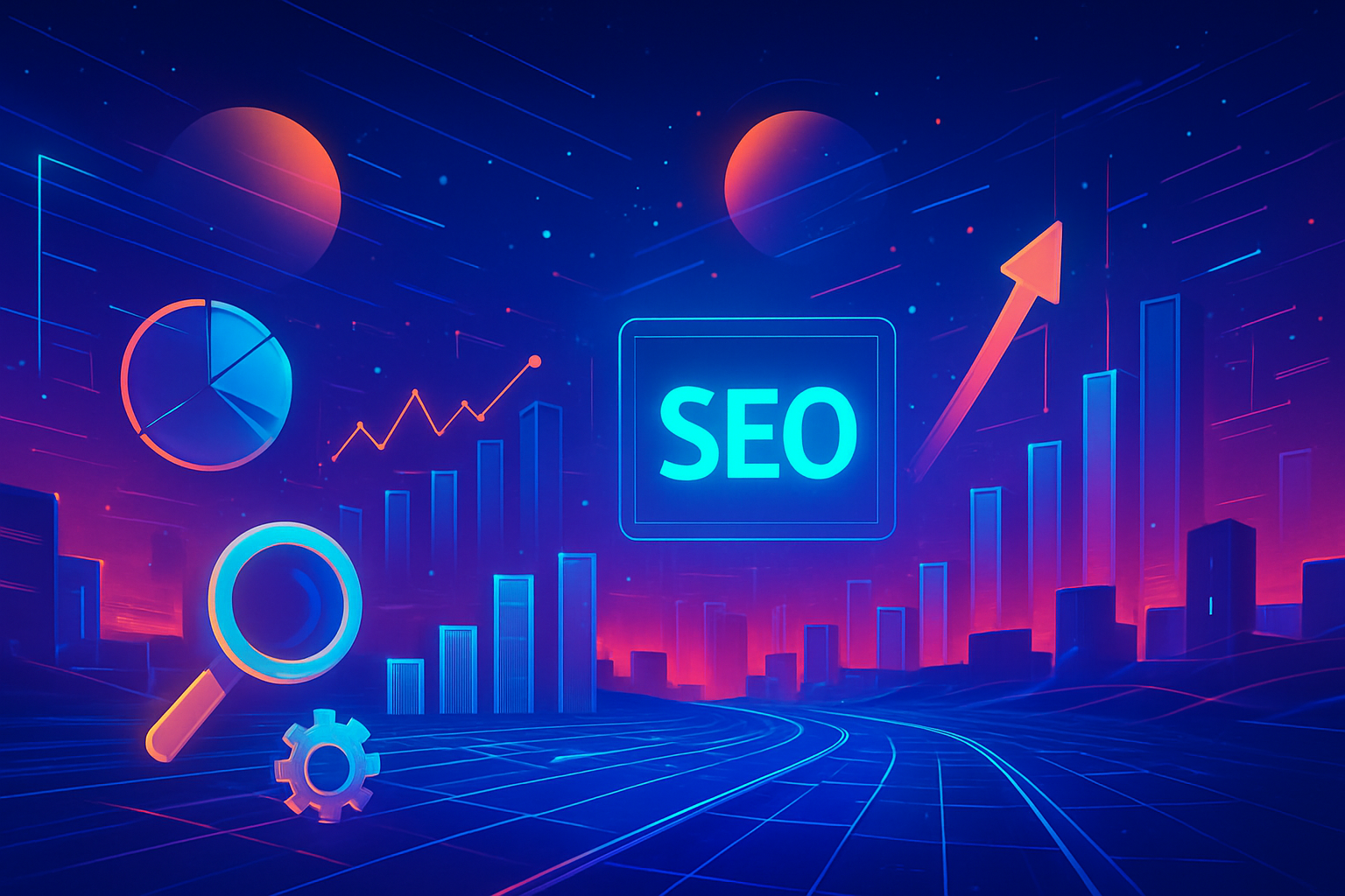 Futuristic SEO landscape with digital elements