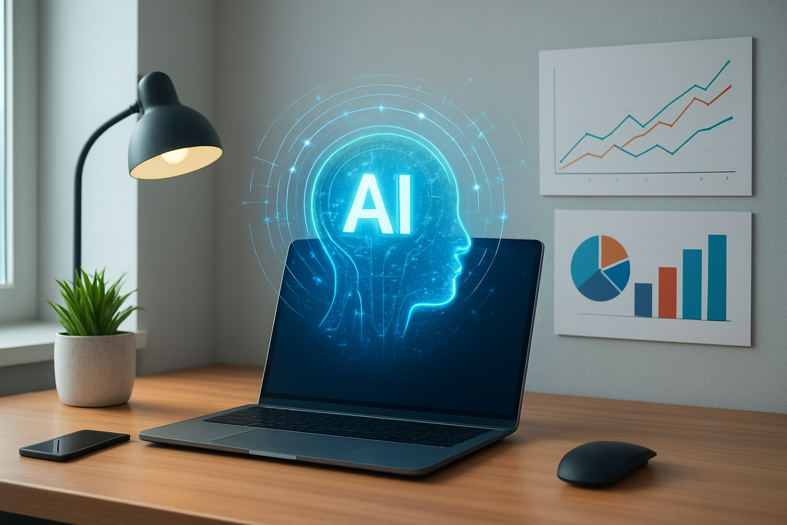 Futuristic workspace with AI insights