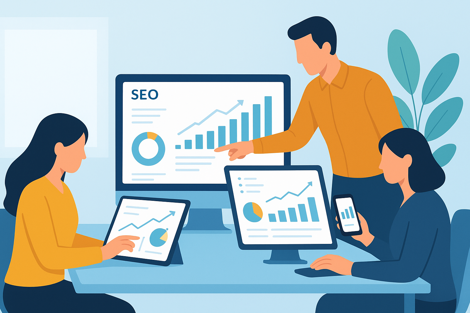 Marketing team collaborating on unified SEO dashboard