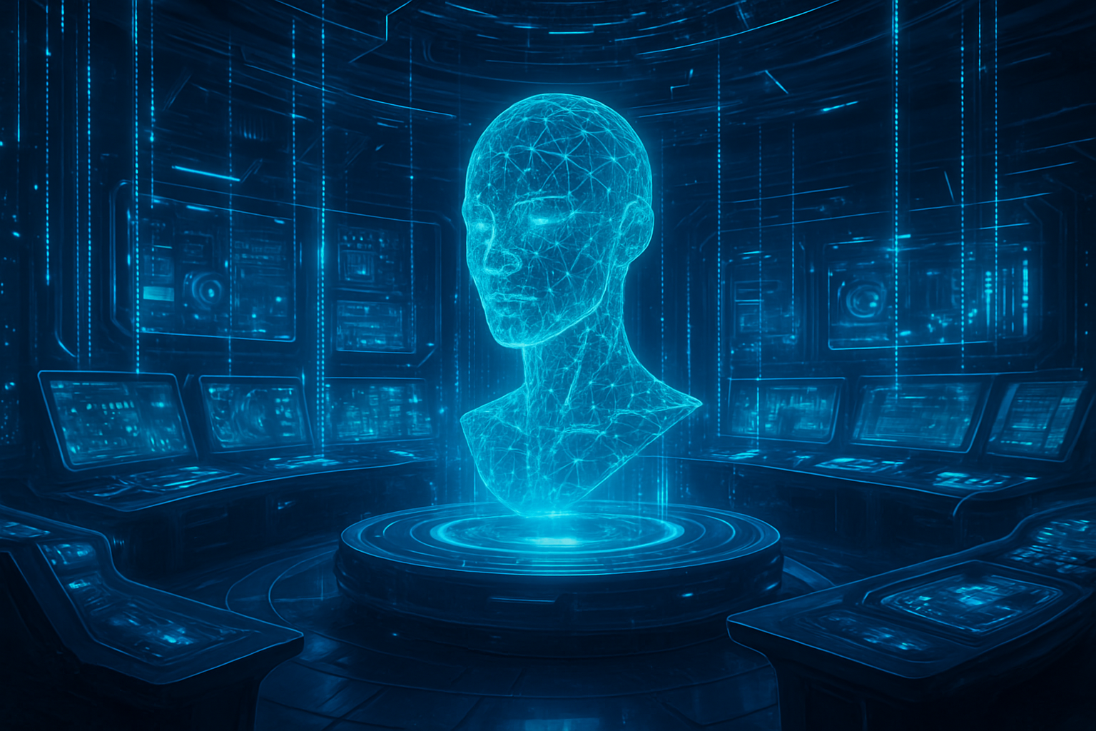 Futuristic control room with AI hologram