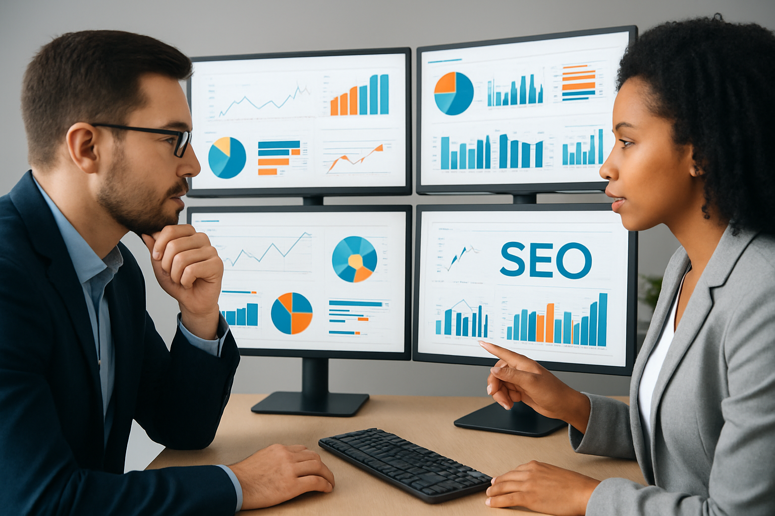 Marketers analyzing SEO insights across screens
