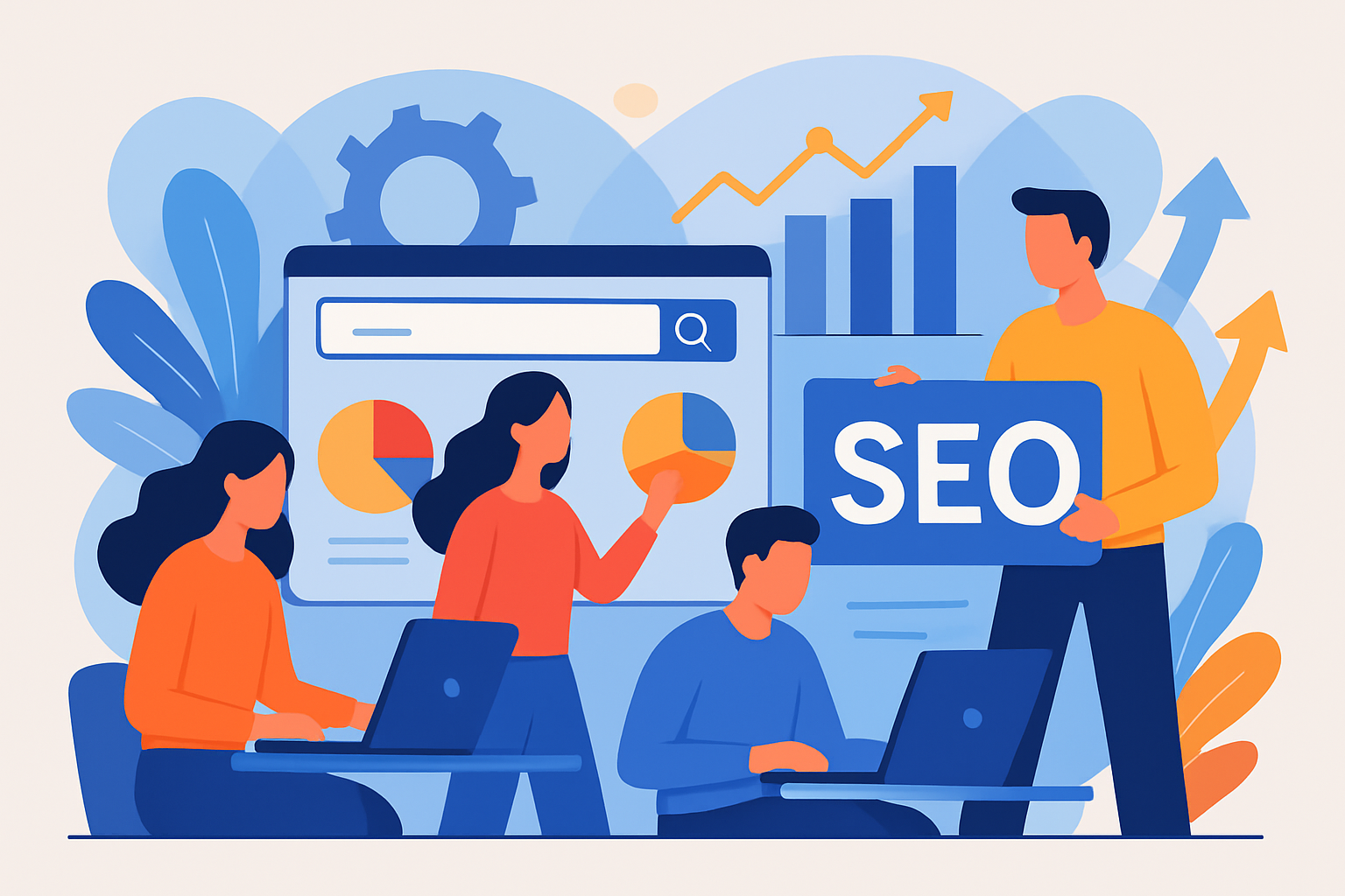 Collaborative SEO team with digital tools