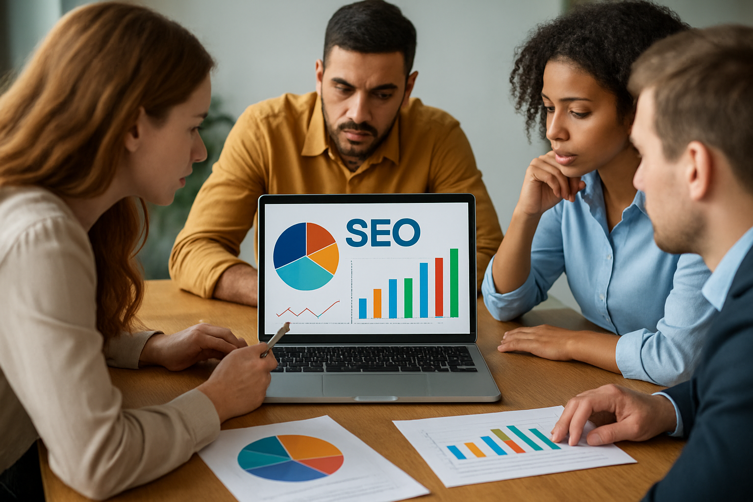 Team strategizing SEO insights on laptop