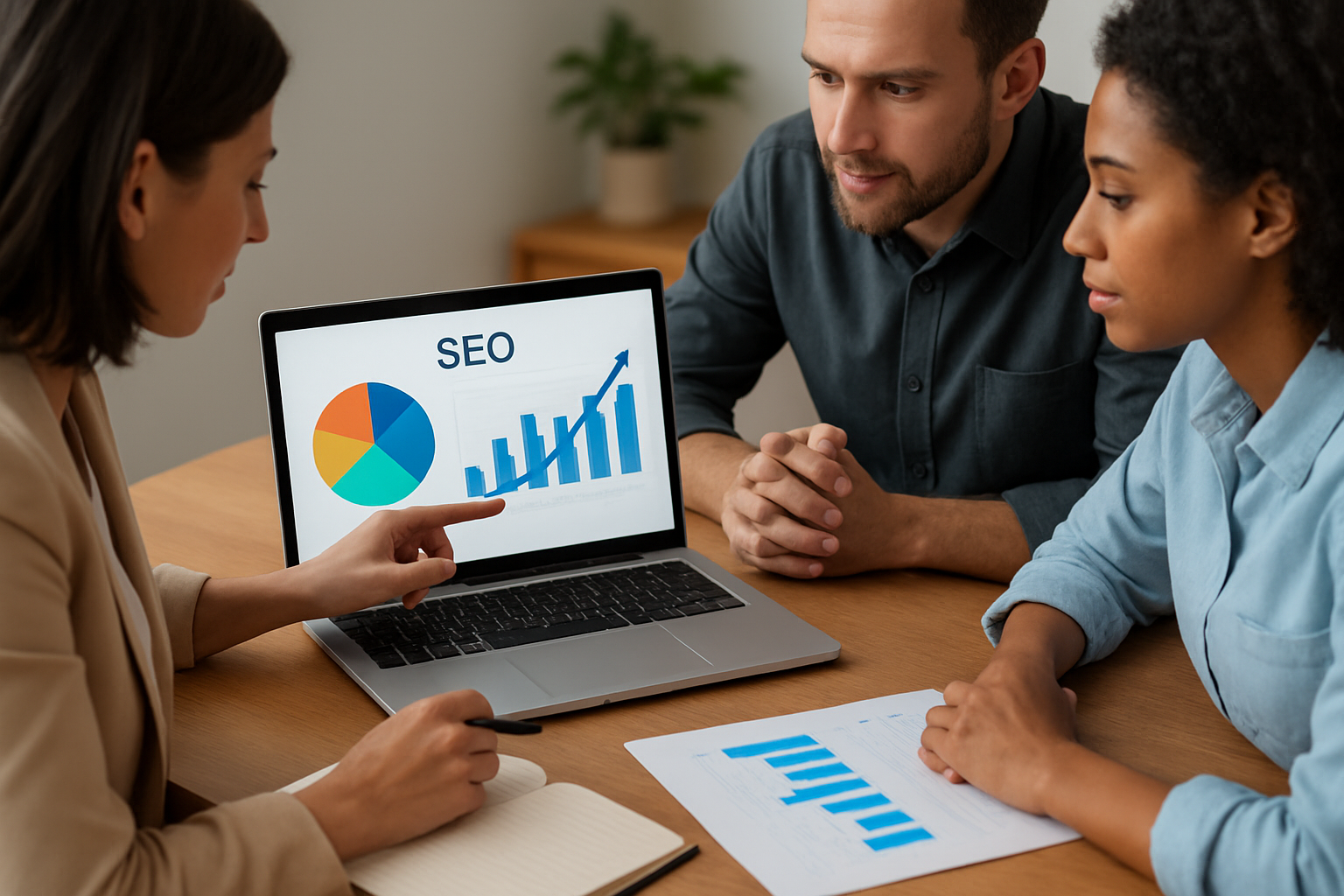 Team collaborating on SEO data analysis