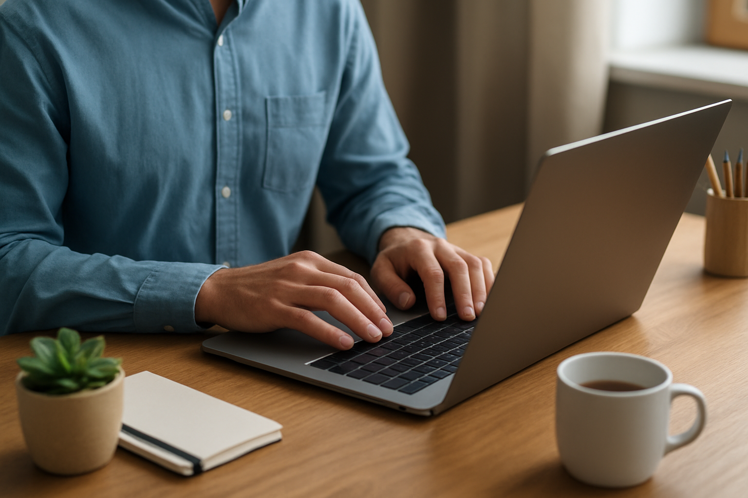 Professional typing at a modern workspace