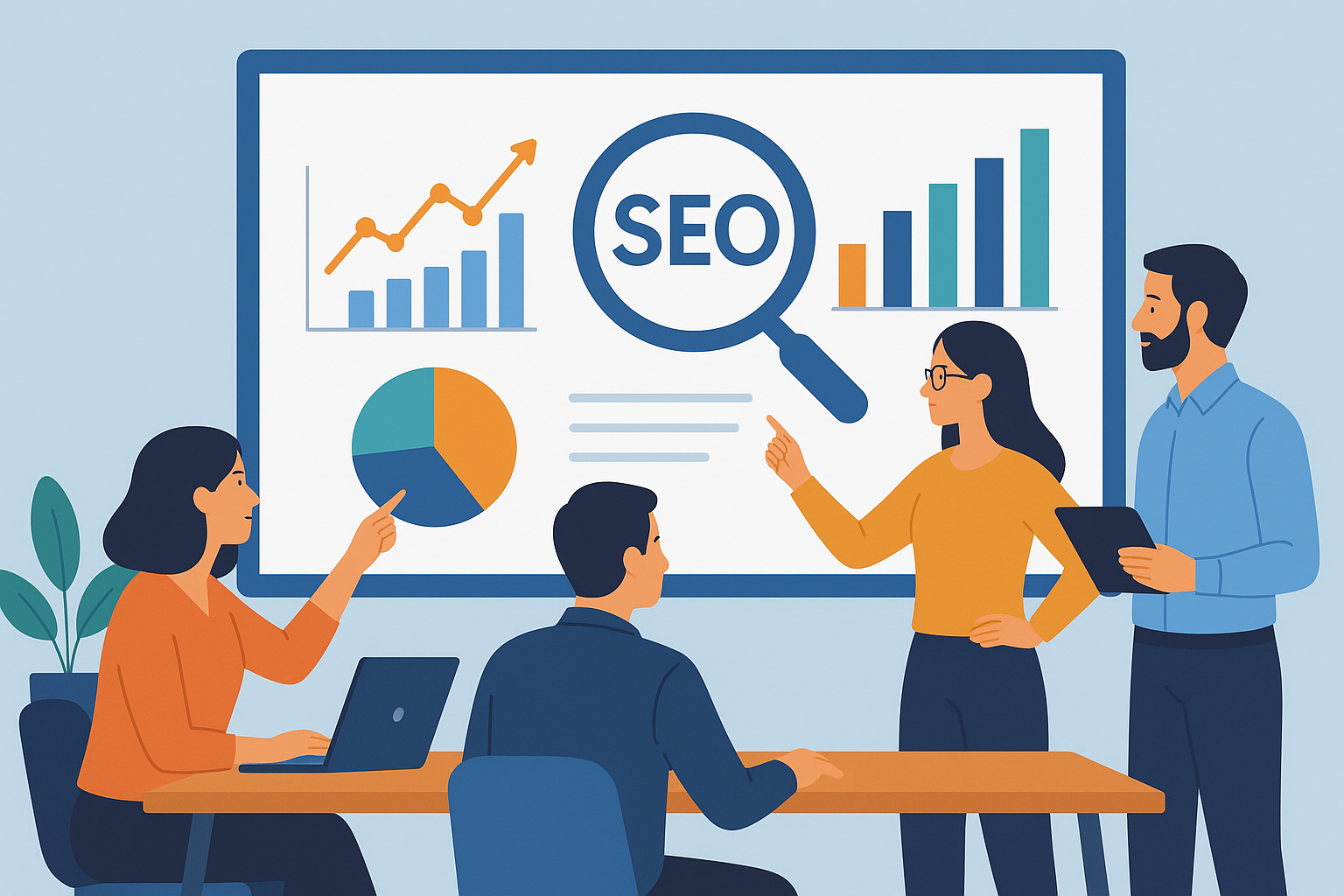 Team collaborating on SEO strategies