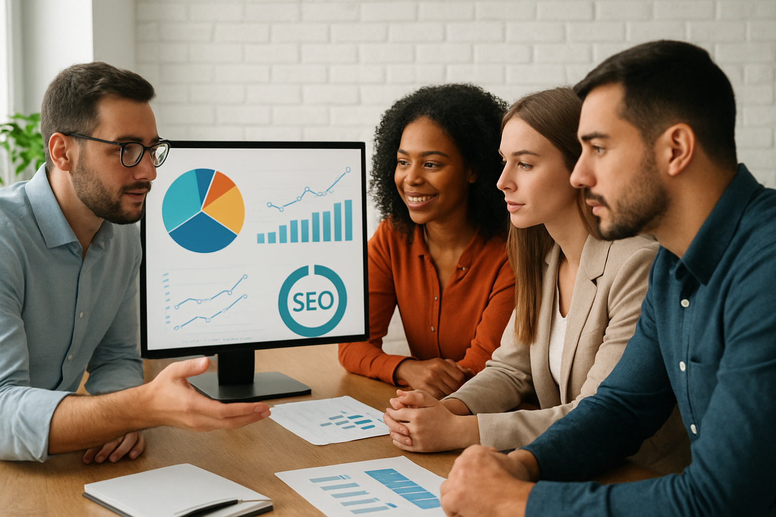 Team collaborating on SEO performance insights